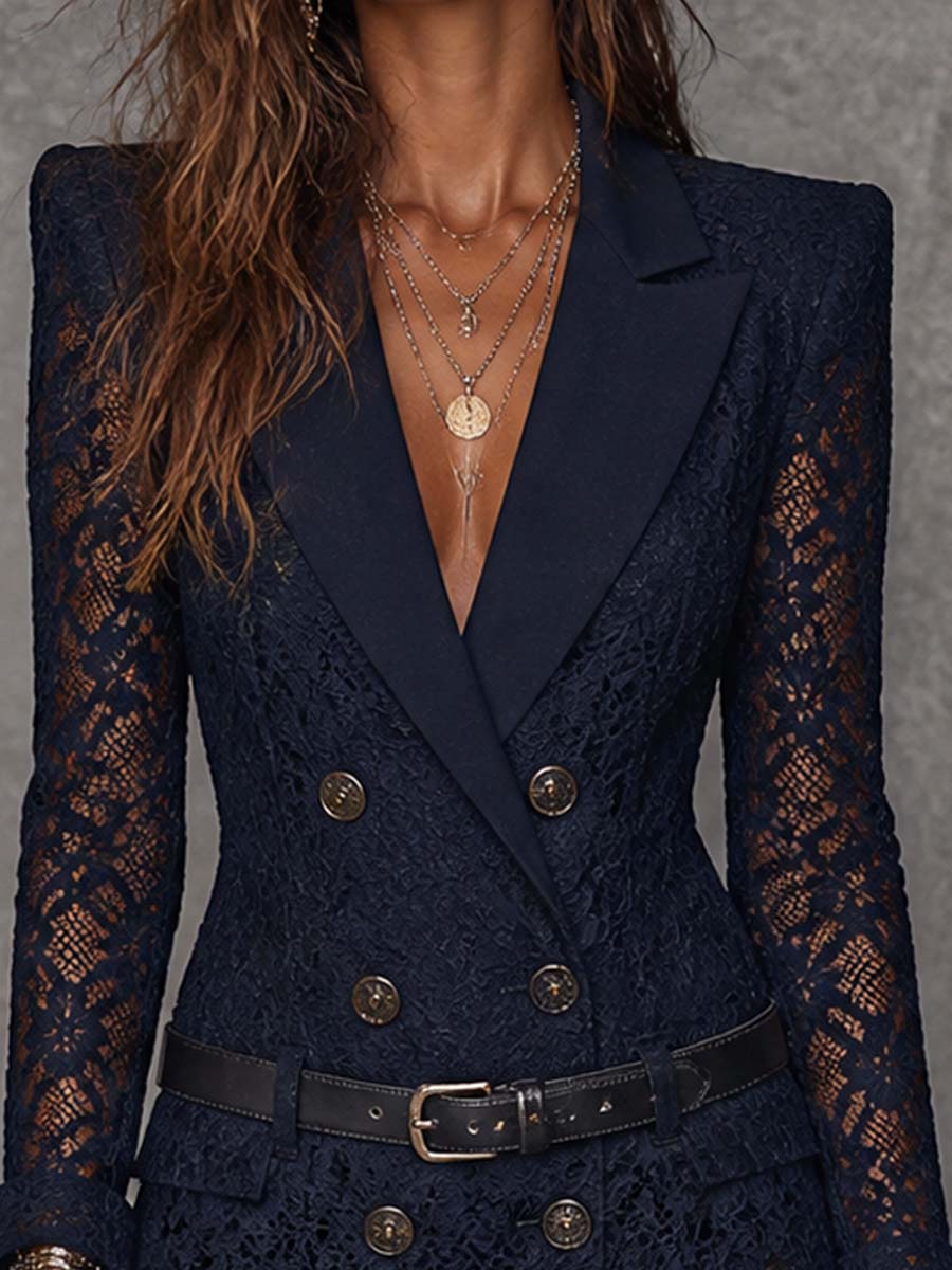 Zweireihiges Blazer-Minikleid aus Spitze in Navy mit Gürtel