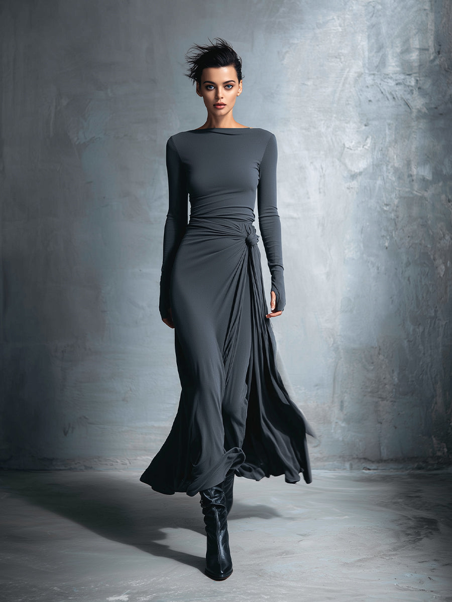 Damen Wickelkleid aus edlem Stretch-Mischgewebe in Grau – Maxikleid mit Knotendetail
