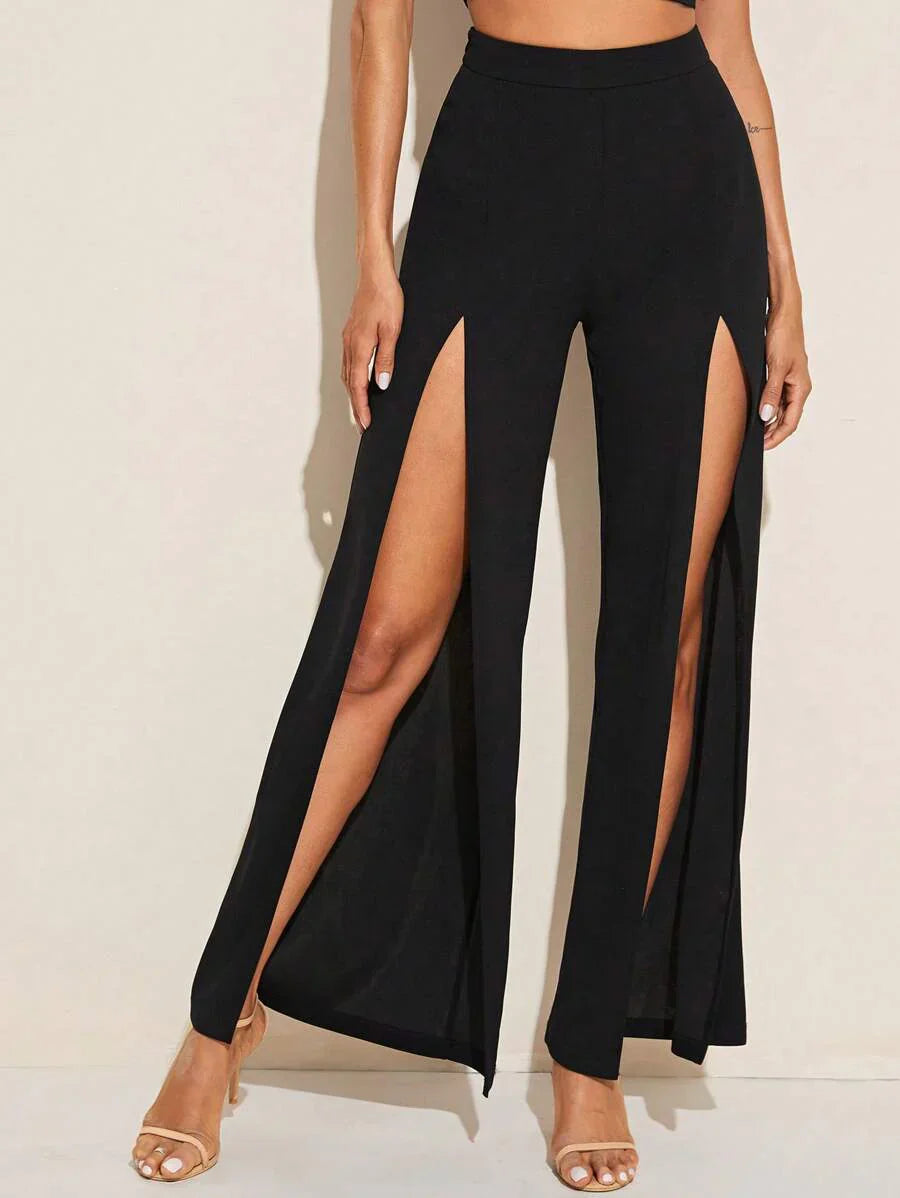 Palazzo Hose mit Reißverschluss und Beinschlitz - Elegante High Waist Damenhose
