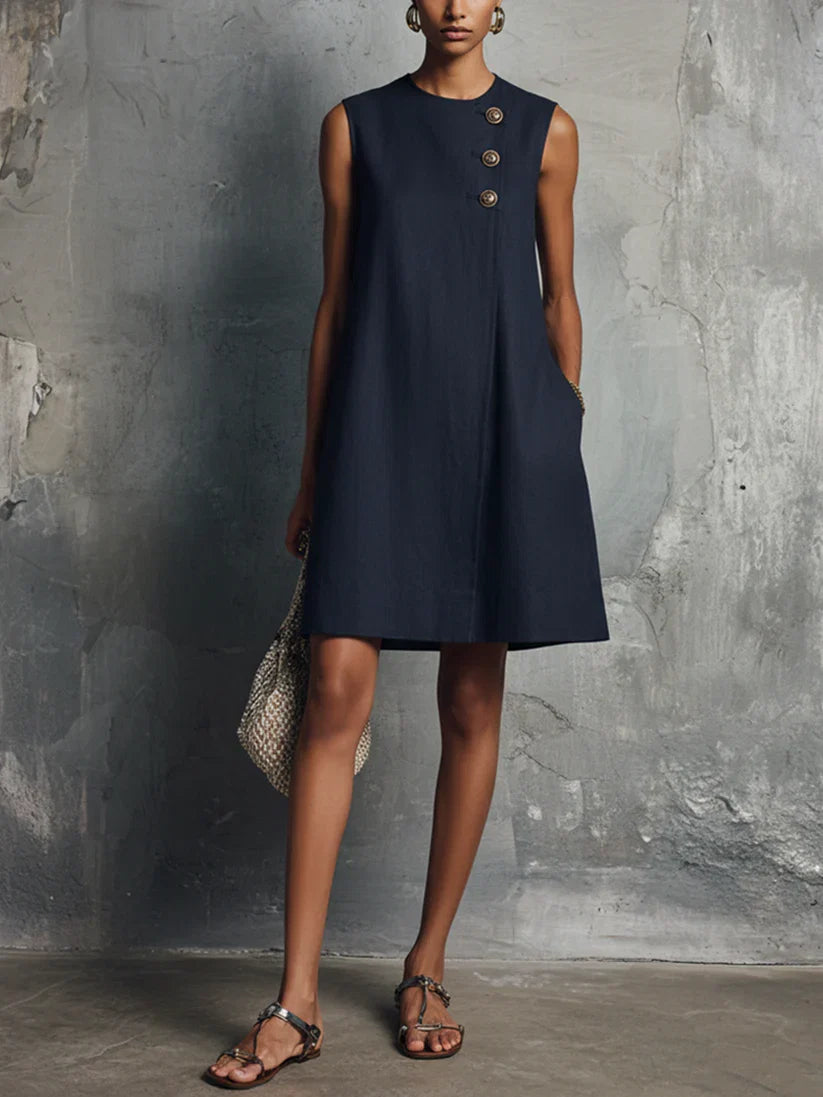 Damen-Minikleid in Dunkelblau mit Rundhalsausschnitt, asymmetrischer Knopfleiste und Seitentasche