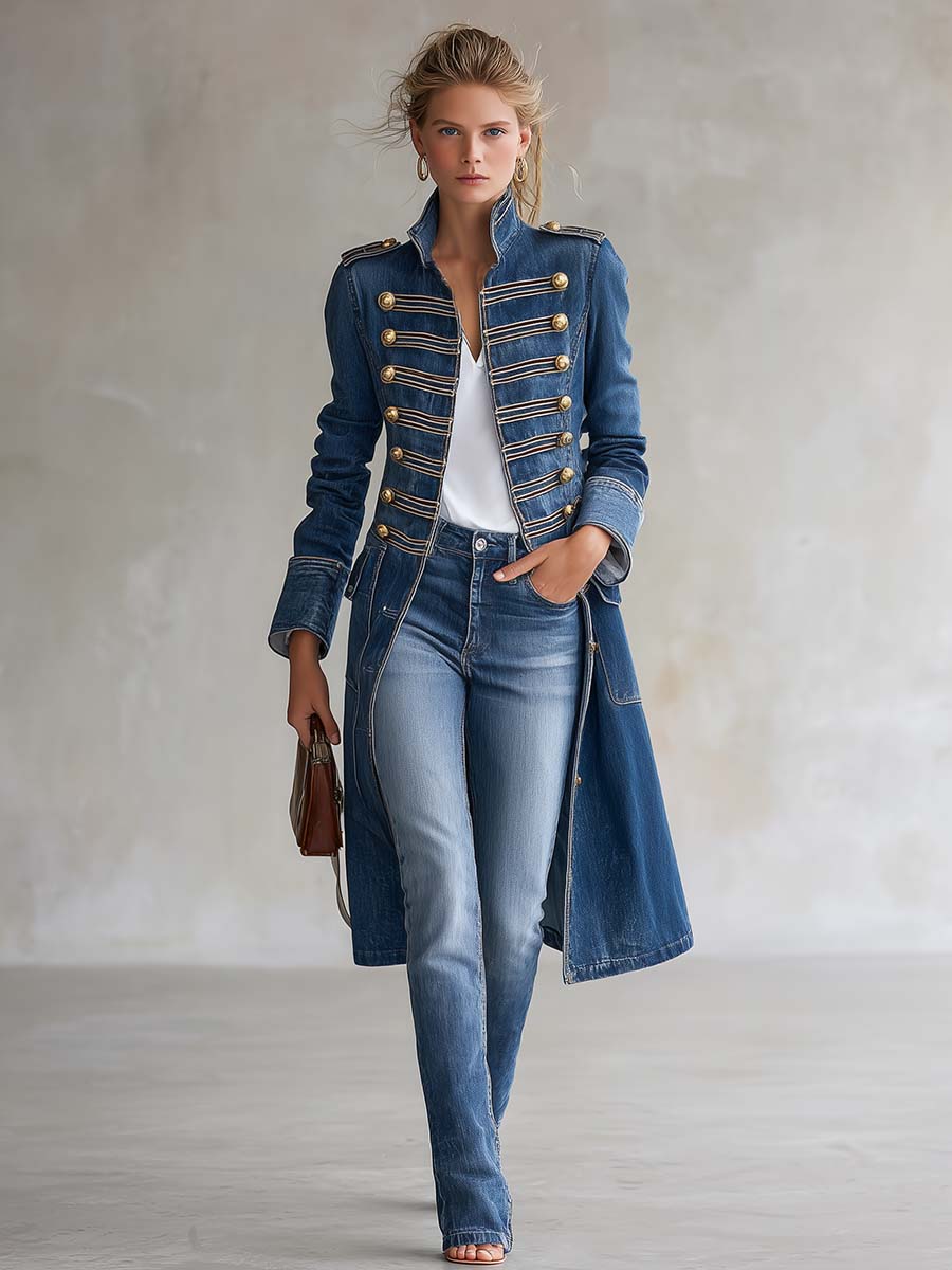 Langer, taillierter Vintage-Jeansmantel im Offiziersstil mit goldfarbenen Knöpfen