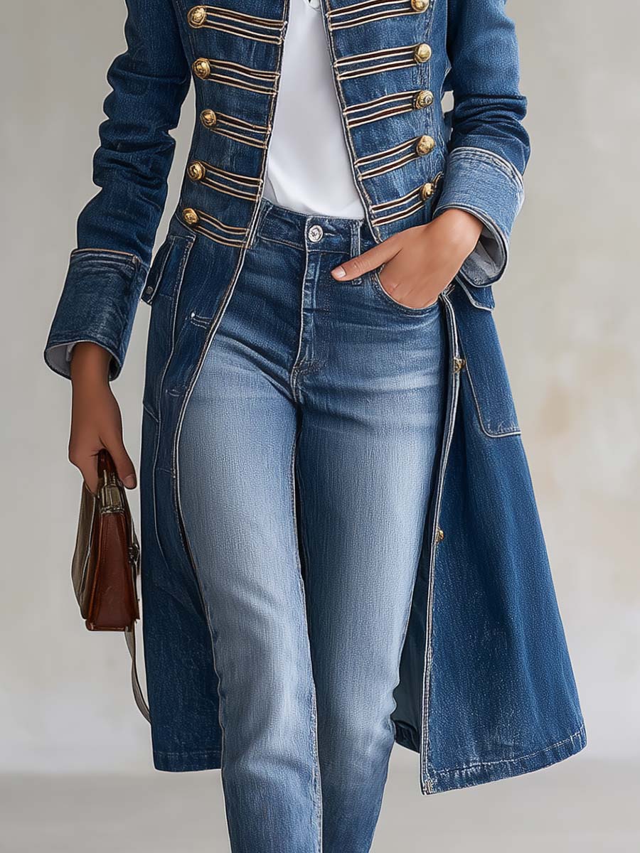 Langer, taillierter Vintage-Jeansmantel im Offiziersstil mit goldfarbenen Knöpfen