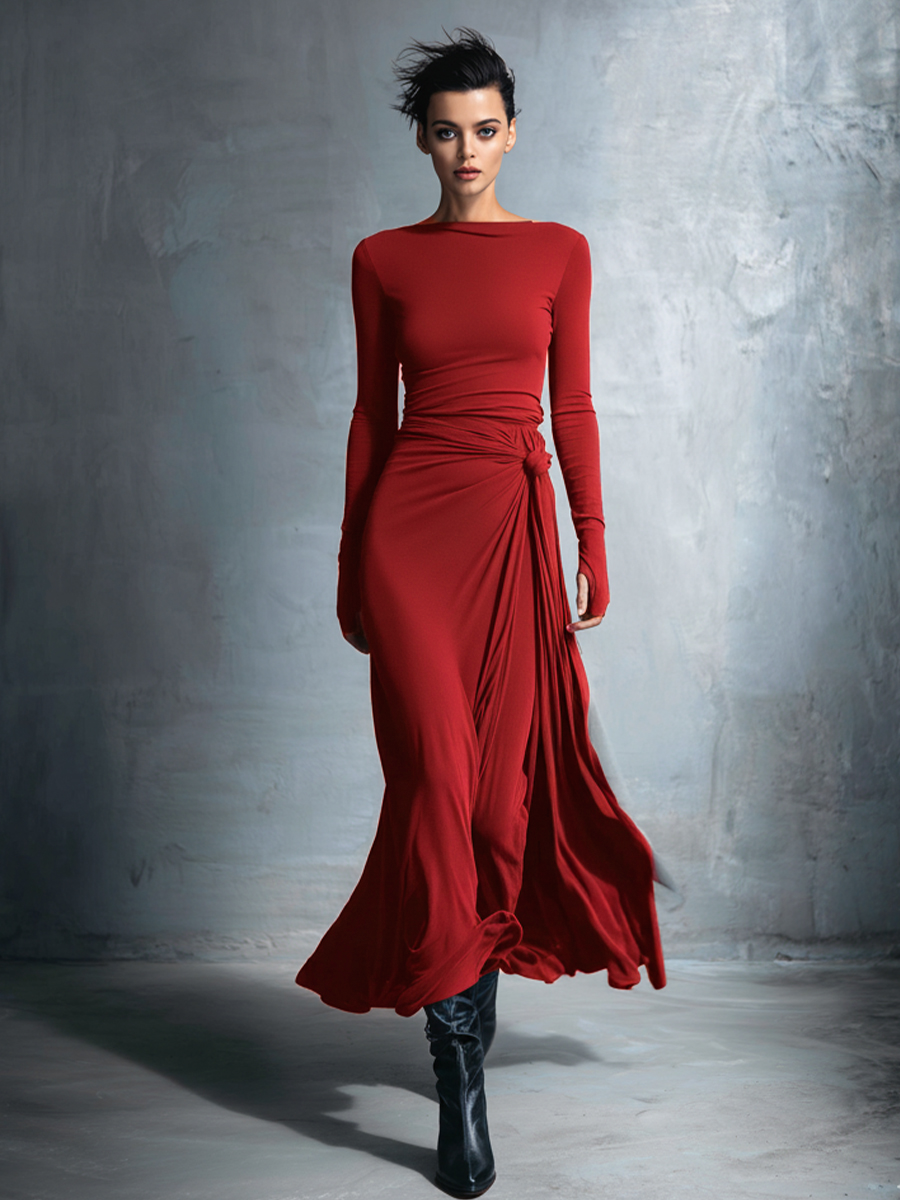 Damen Wickelkleid aus edlem Stretch-Mischgewebe in Grau – Maxikleid mit Knotendetail