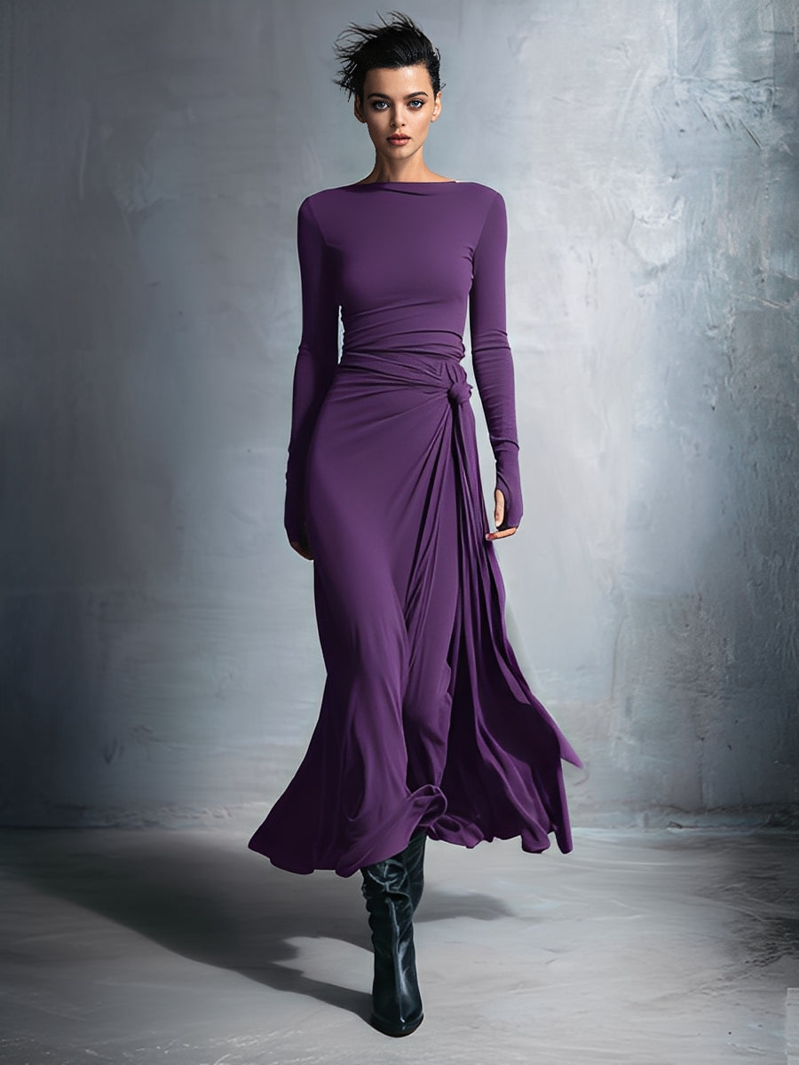 Damen Wickelkleid aus edlem Stretch-Mischgewebe in Grau – Maxikleid mit Knotendetail