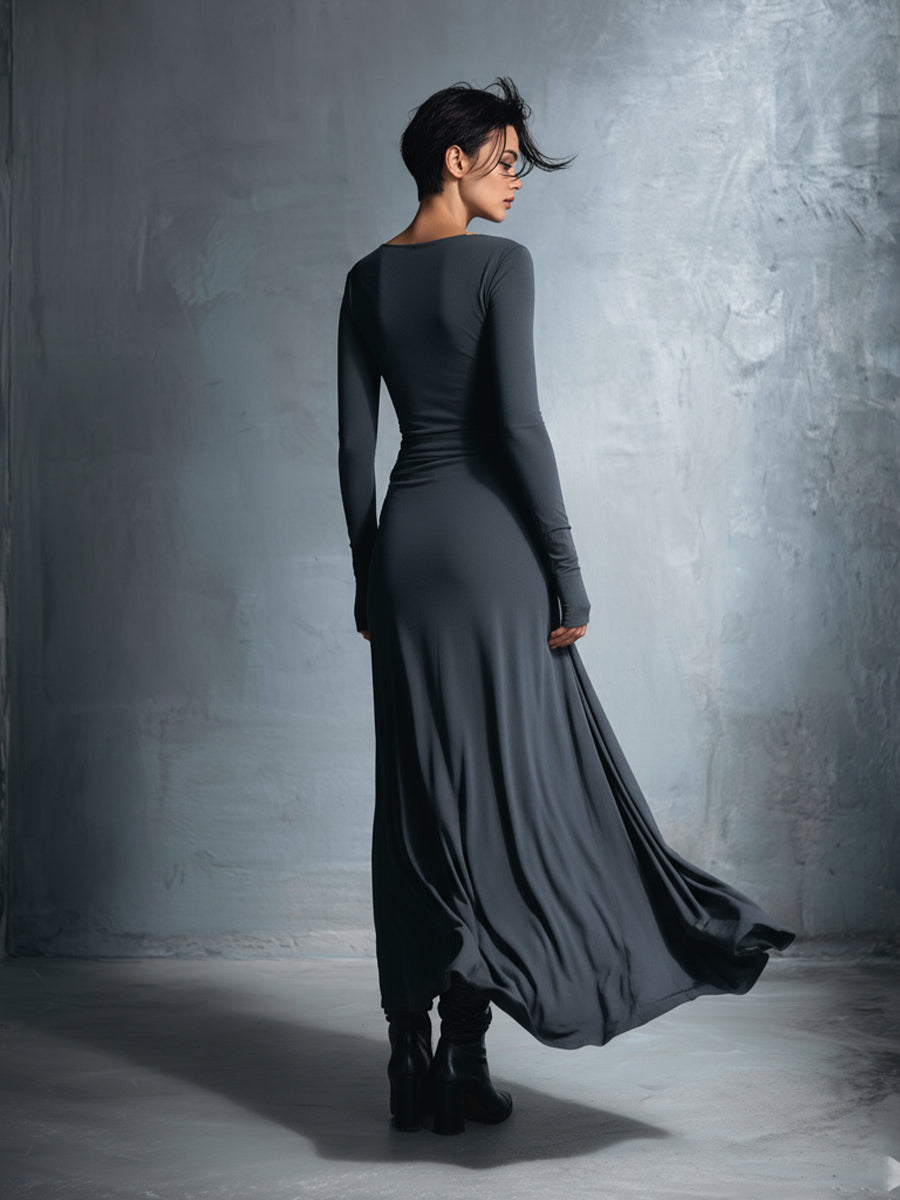 Damen Wickelkleid aus edlem Stretch-Mischgewebe in Grau – Maxikleid mit Knotendetail