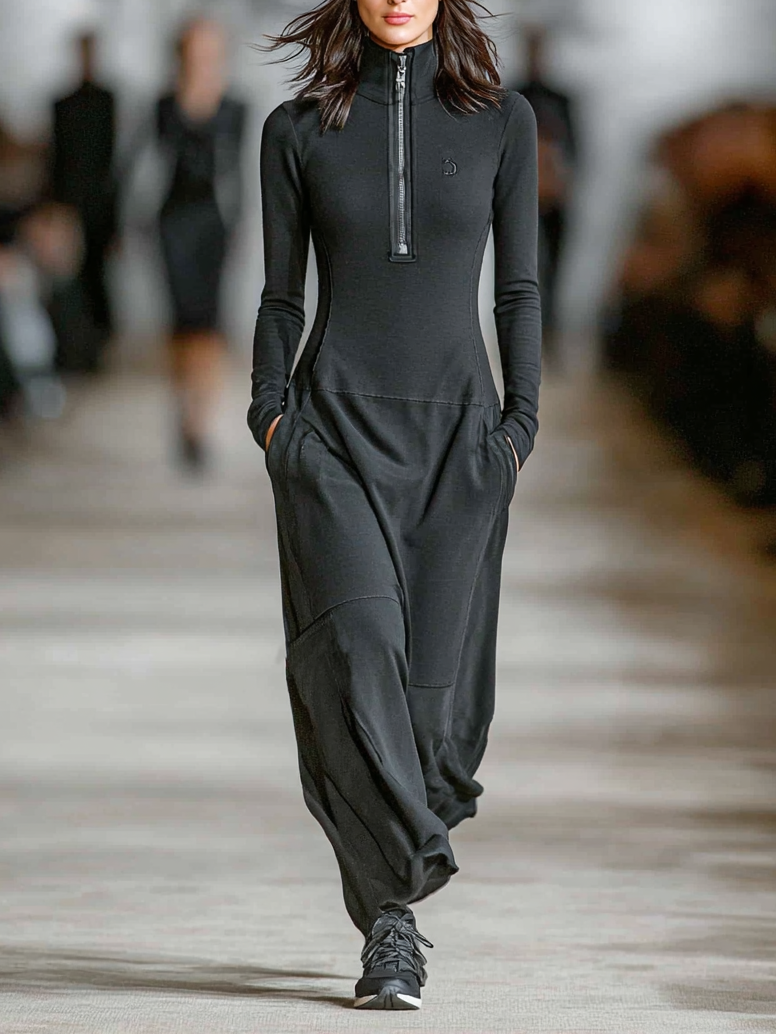 Sportliches Maxikleid aus Baumwollmischung mit halbhohem Stehkragen und Reissverschluss