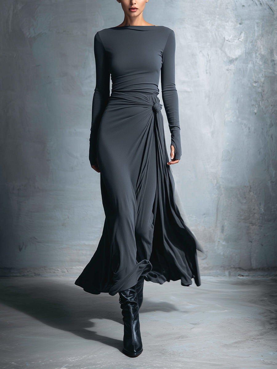Damen Wickelkleid aus edlem Stretch-Mischgewebe in Grau – Maxikleid mit Knotendetail