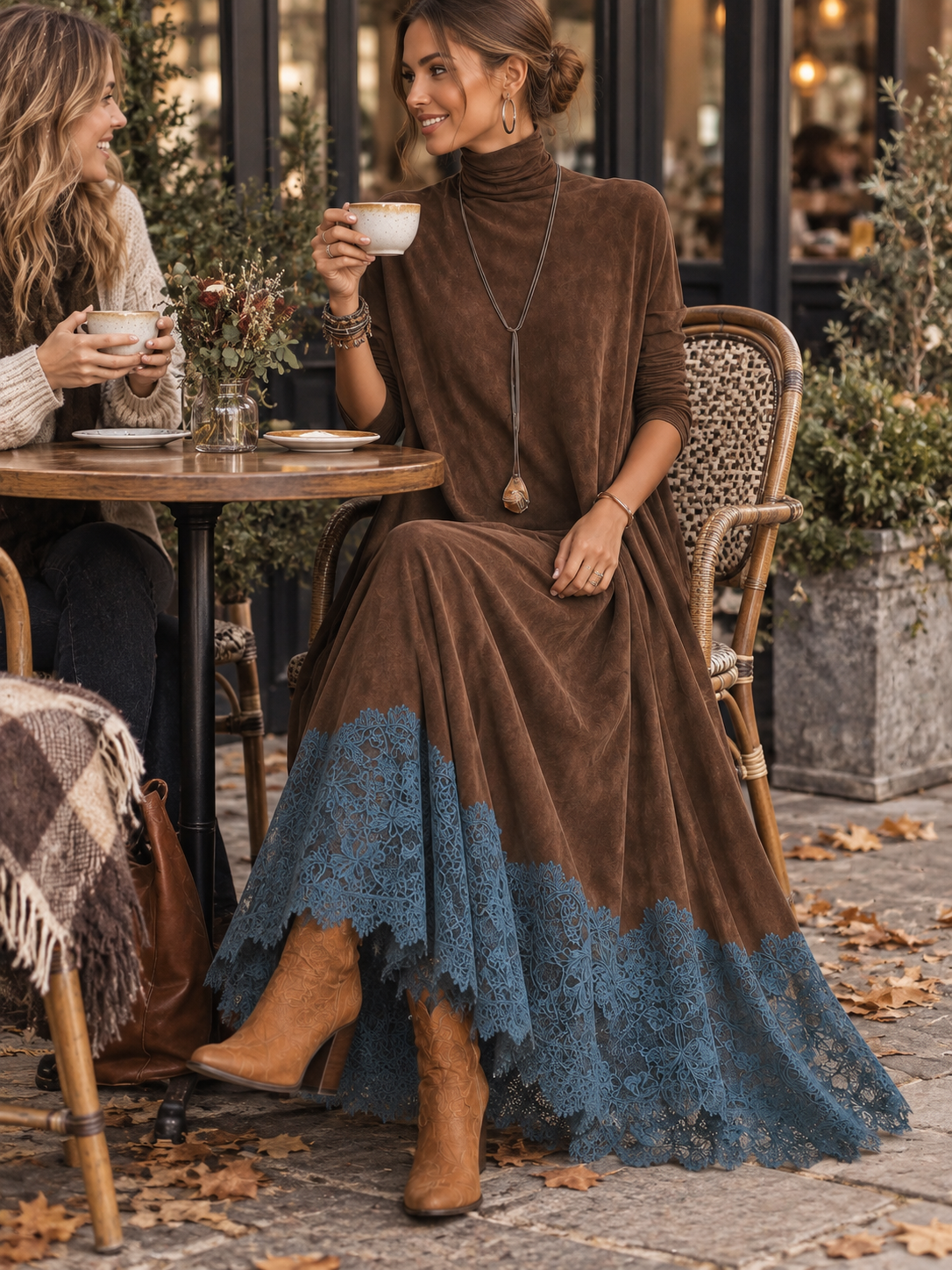 Braunes Maxikleid in Wildlederoptik mit langen Ärmeln und Spitzensaum im Vintage-Stil