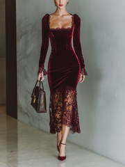 Damen Figurbetontes Maxikleid aus Samt mit Spitze in Bordeaux