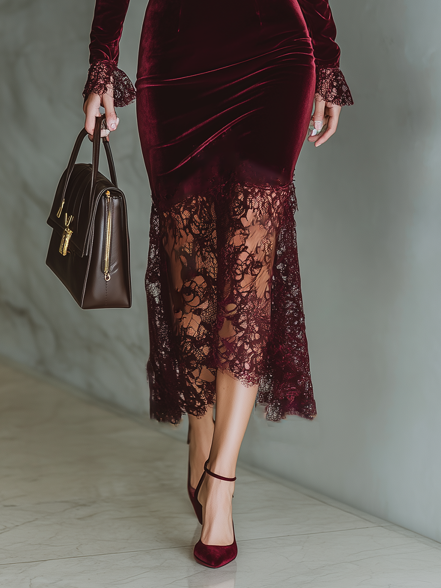 Damen Figurbetontes Maxikleid aus Samt mit Spitze in Bordeaux