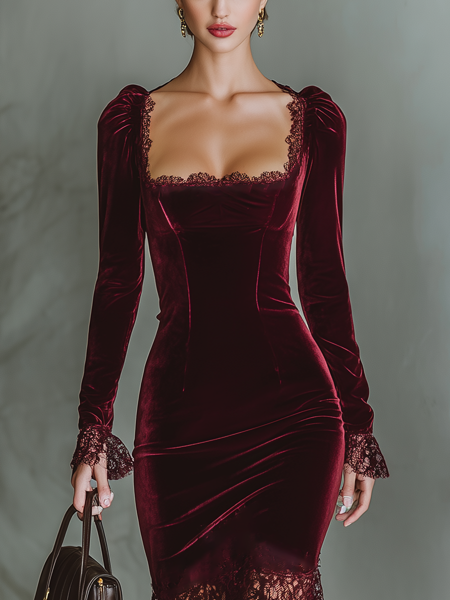 Damen Figurbetontes Maxikleid aus Samt mit Spitze in Bordeaux