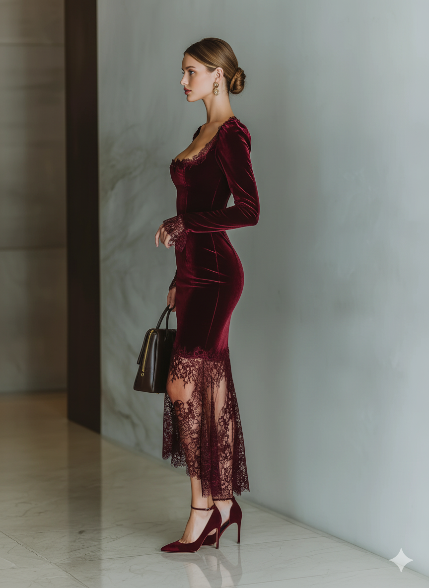 Damen Figurbetontes Maxikleid aus Samt mit Spitze in Bordeaux