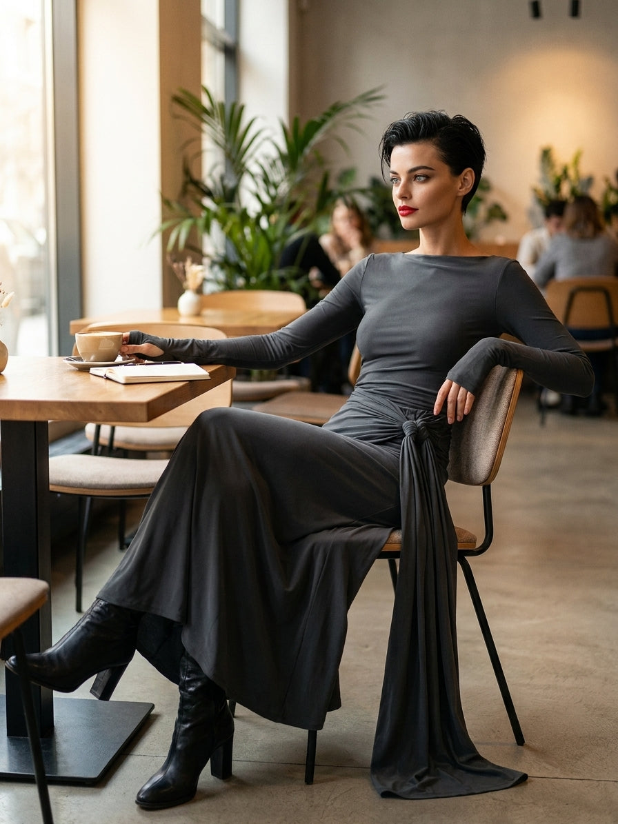 Damen Wickelkleid aus edlem Stretch-Mischgewebe in Grau – Maxikleid mit Knotendetail
