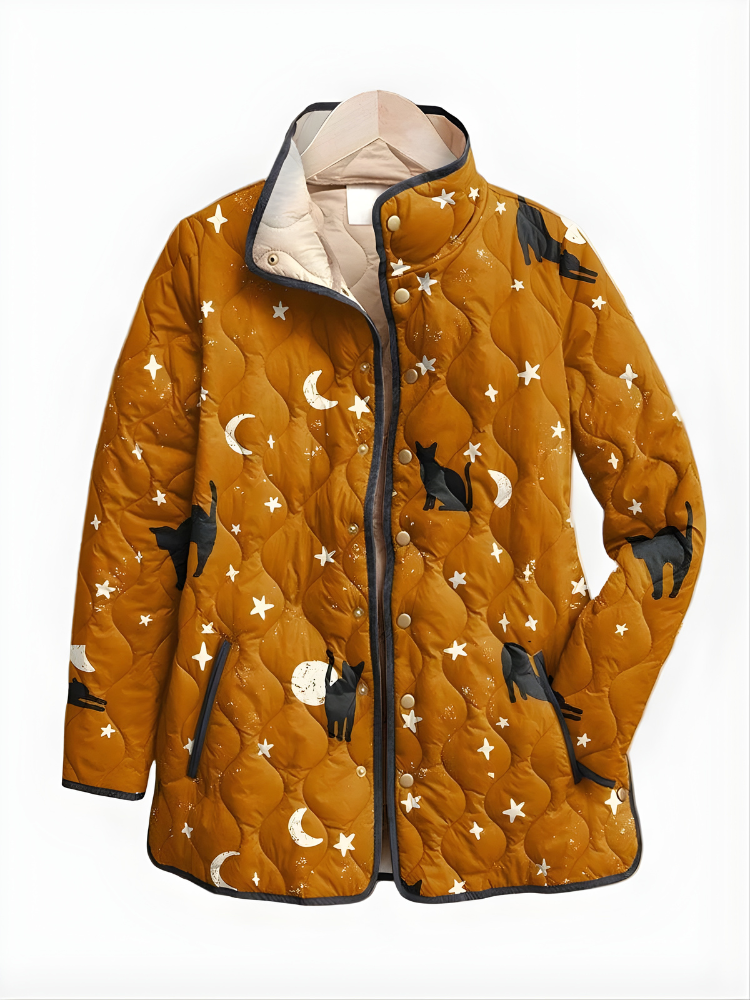 Nora | Schwarze Steppjacke mit Katzenmuster
