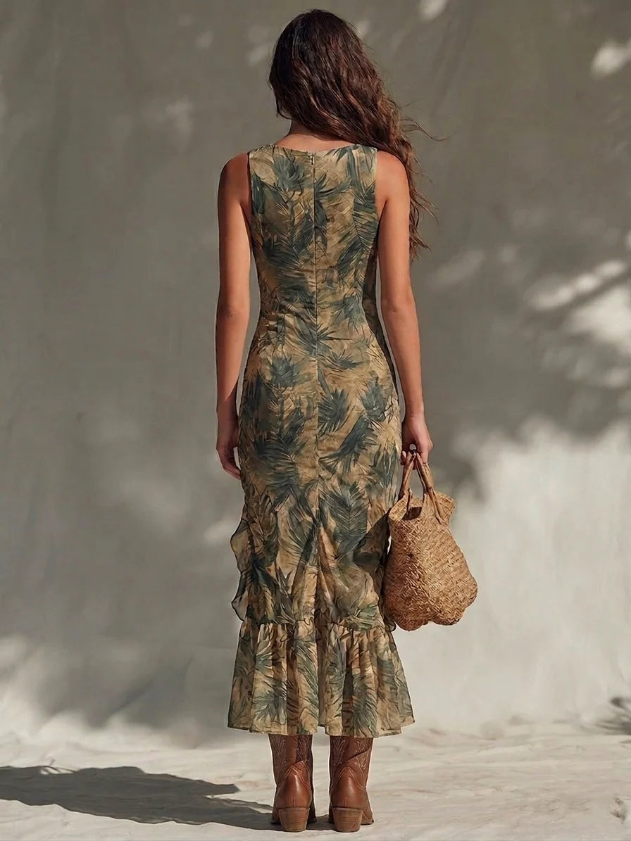 Maxikleid mit Palmenprint, Rüschen und Beinschlitz