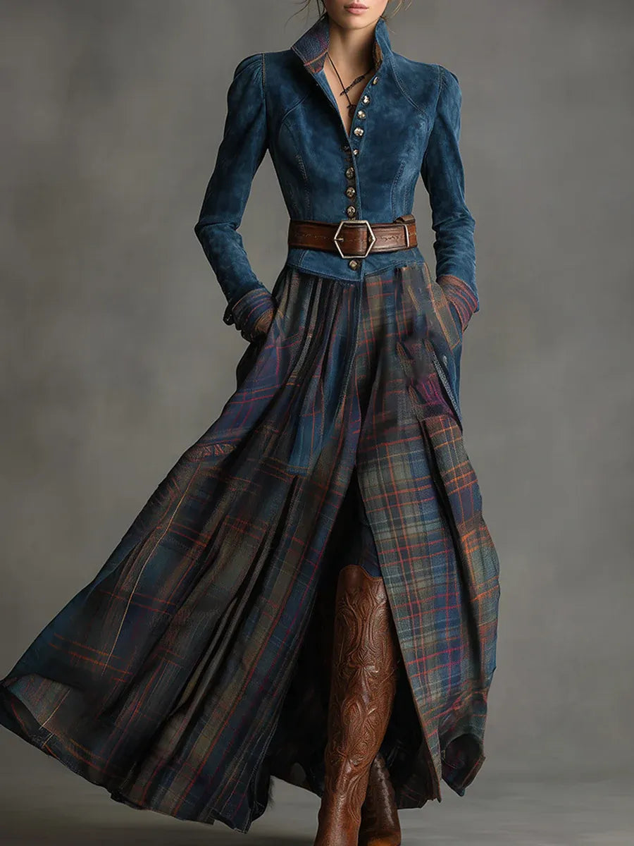 Azzurra - Langes Vintage-Kleid aus blauem Wildleder