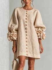 Ambra | Mini-Kleid aus Leinenmix mit Rosenmanschetten, Beige