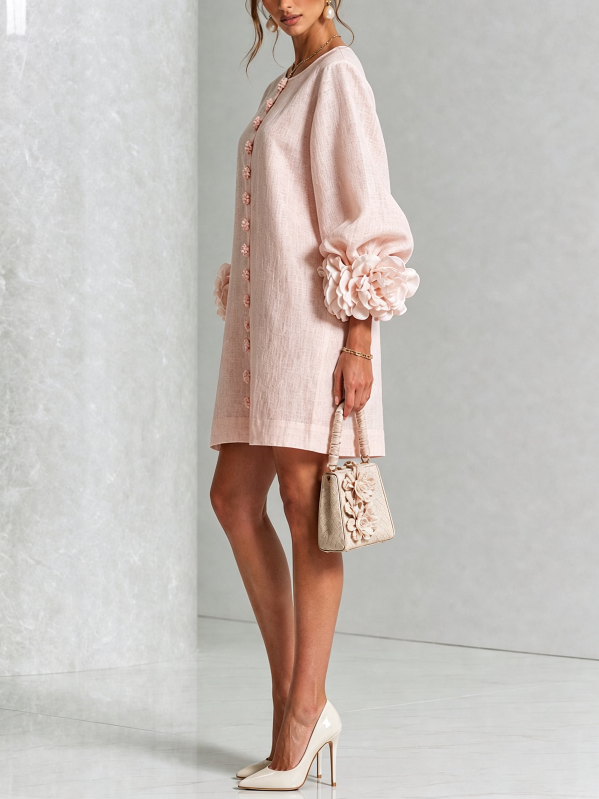 Noemi | Mini-Kleid aus Leinenmix mit Rosenmanschetten, Rosa