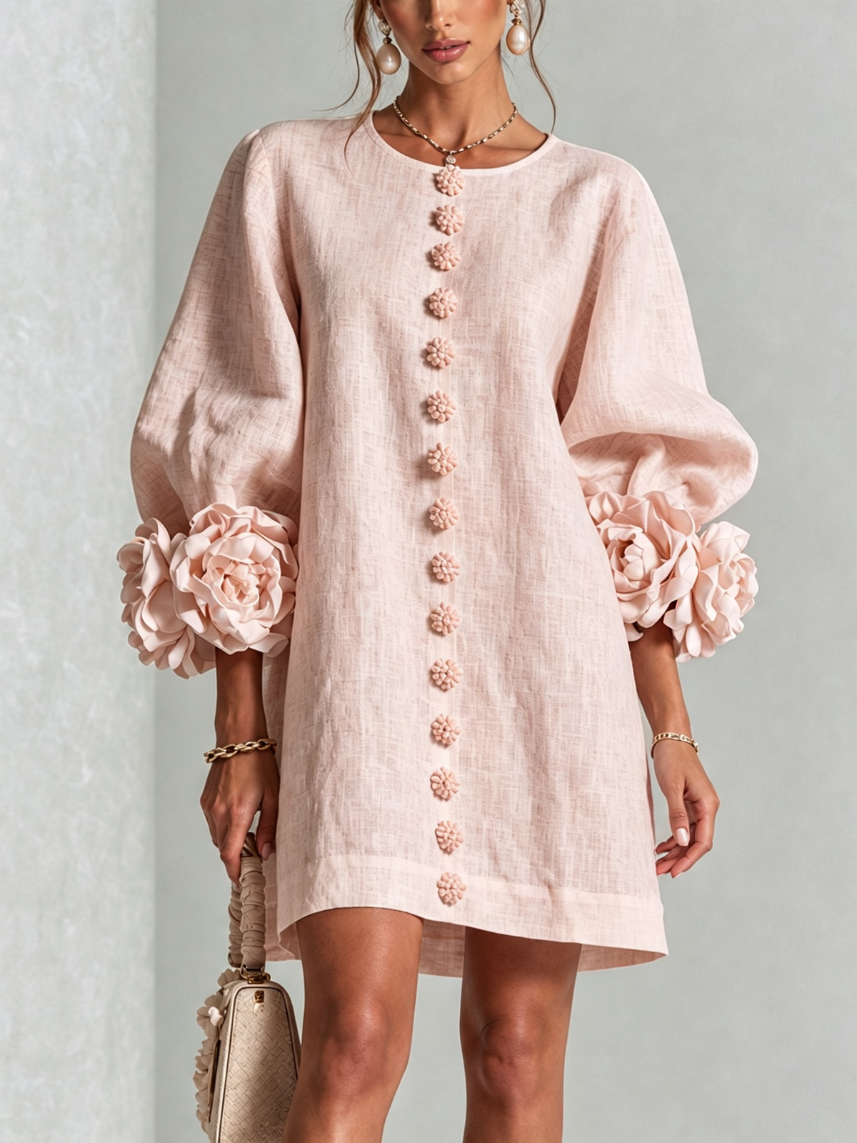 Noemi | Mini-Kleid aus Leinenmix mit Rosenmanschetten, Rosa