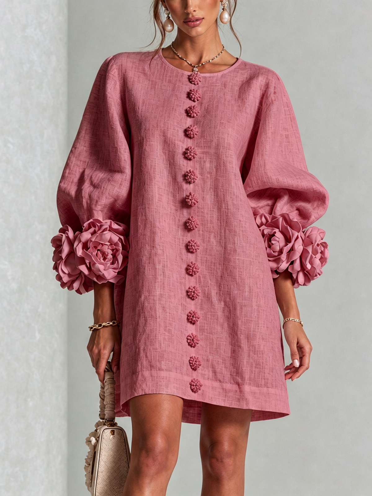 Alba | Mini-Kleid aus Leinenmix mit Rosenmanschetten, Altrosa