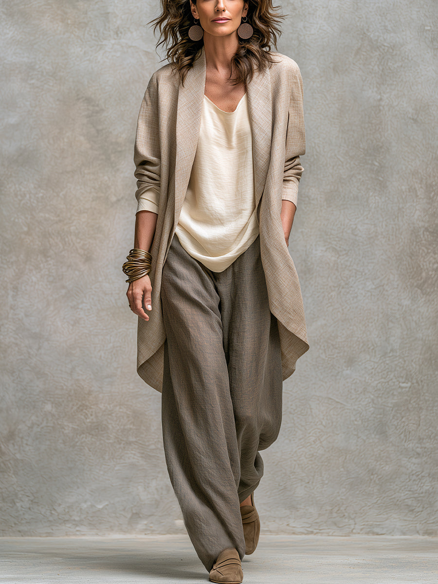 Dreiteiliges Set in Beige und Grau, casual im Lagenlook, mit Palazzohose, elegant