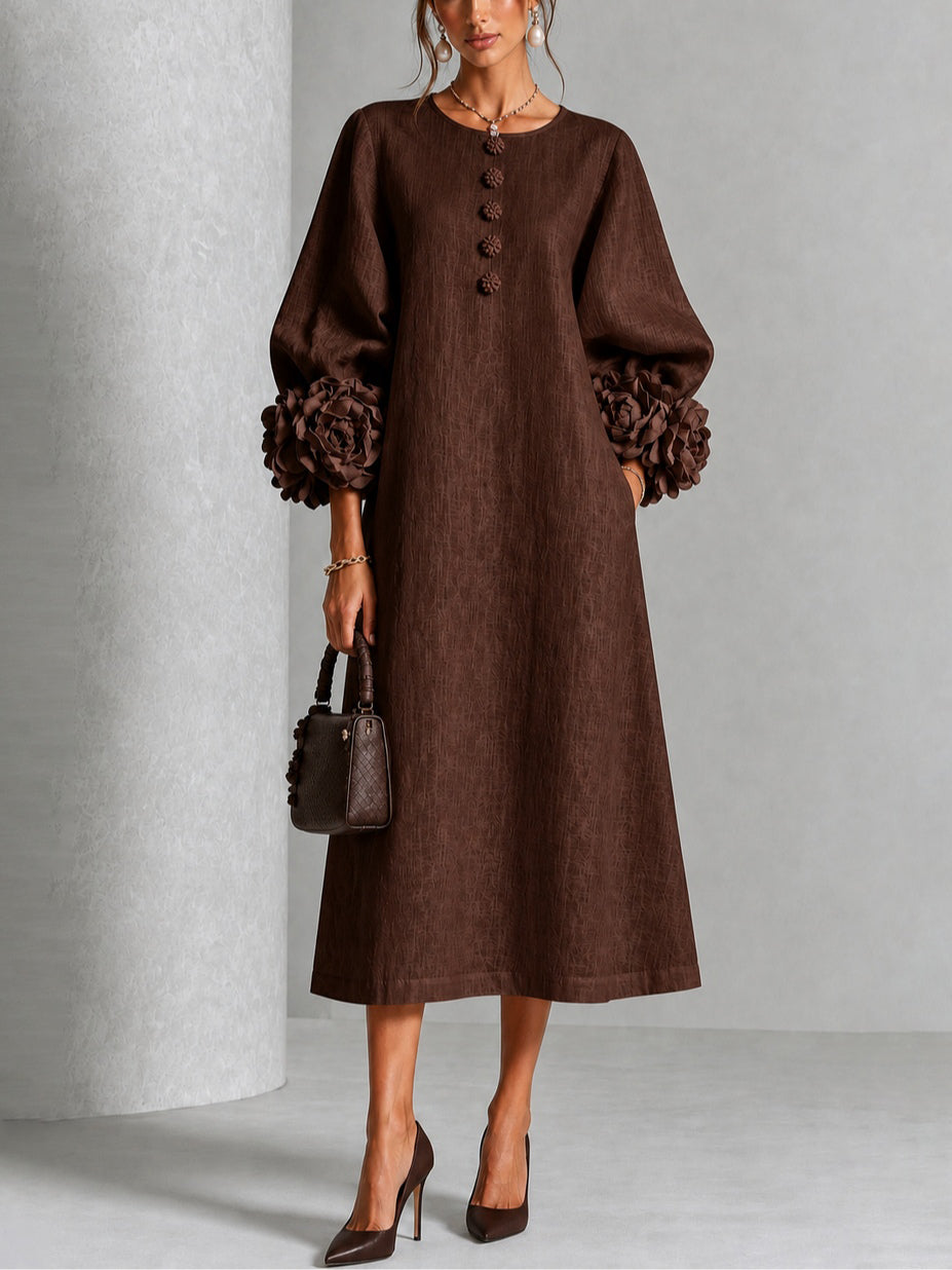 Viola | Midi-Kleid aus Leinenmix mit Rosenmanschetten, Schokoladenbraun