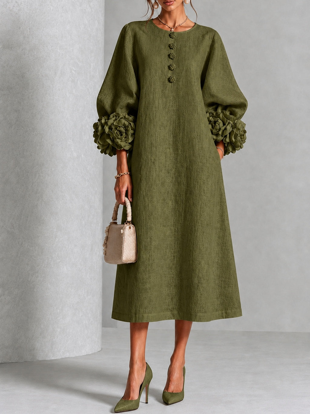 Flavia | Midi-Kleid aus Leinenmix mit Rosenmanschetten, Olivgrün