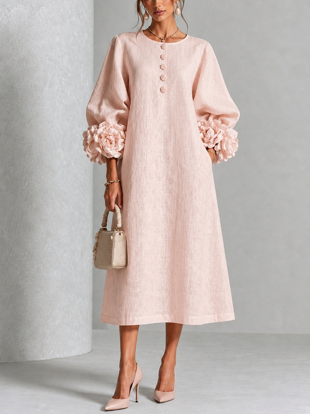 Adele | Midi-Kleid aus Leinenmix mit Rosenmanschetten, Rosa