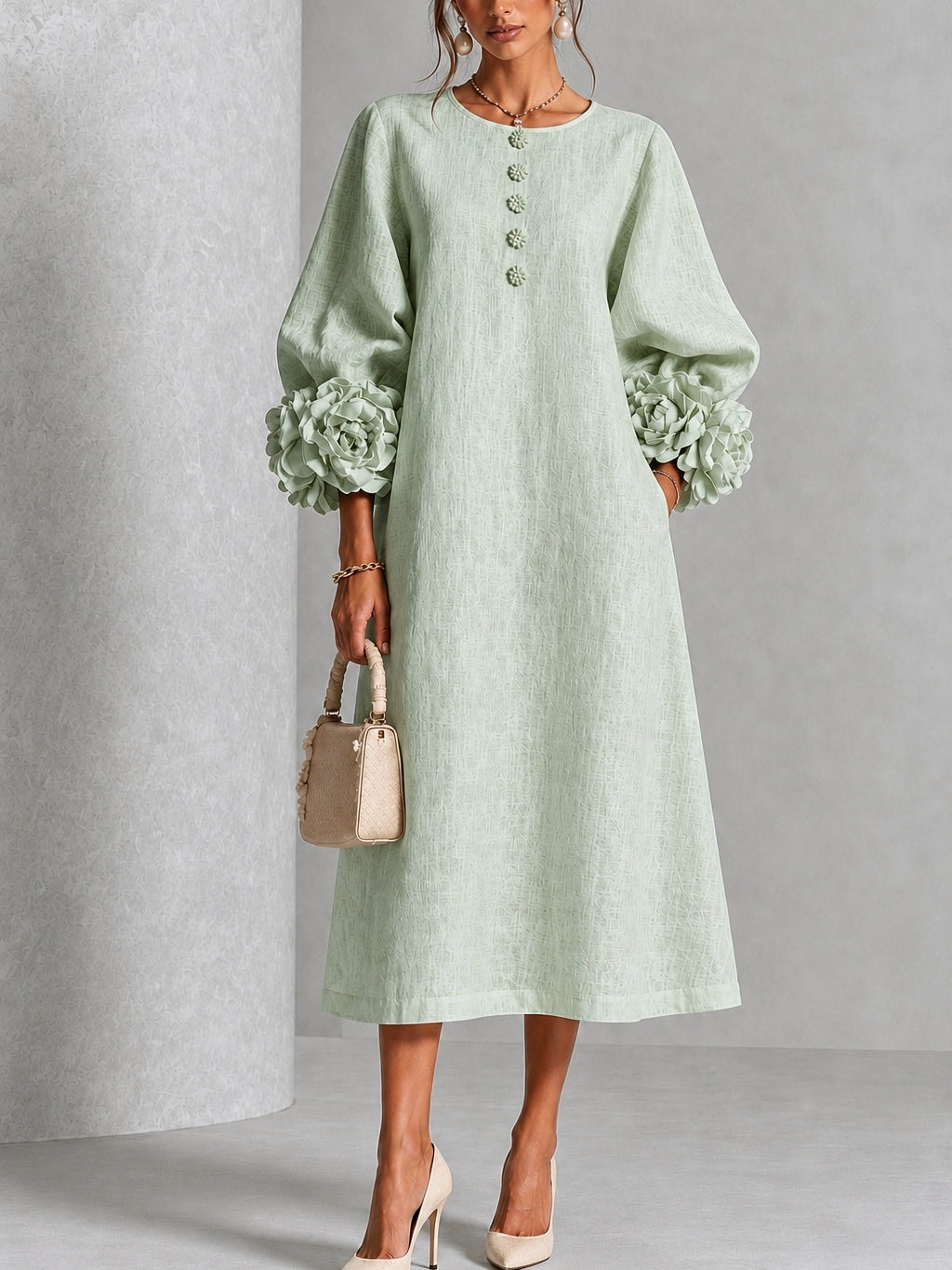 Greta | Midi-Kleid aus Leinenmix mit Rosenmanschetten, Salbeigrün