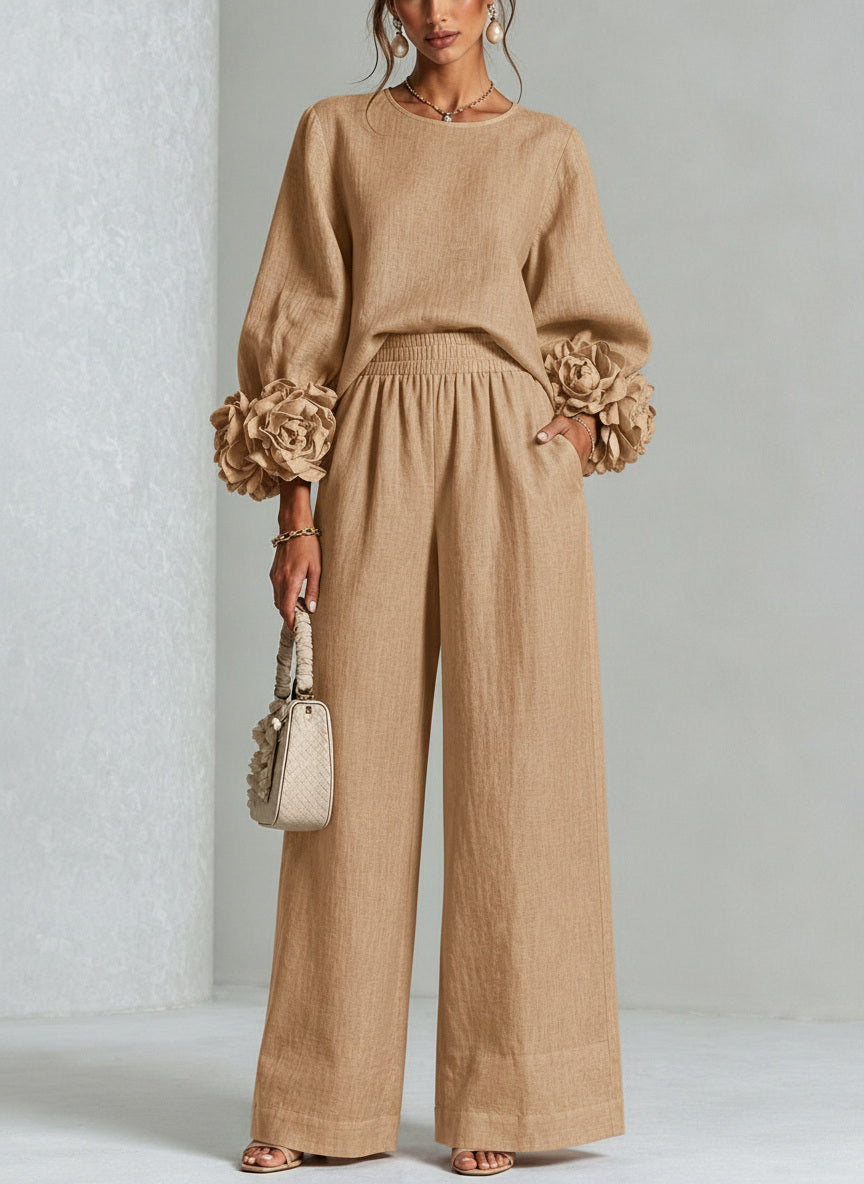 Silvia | Leinenmix-Set mit Rosenmanschetten, Beige