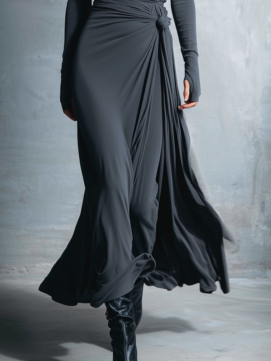 Damen Wickelkleid aus edlem Stretch-Mischgewebe in Grau – Maxikleid mit Knotendetail
