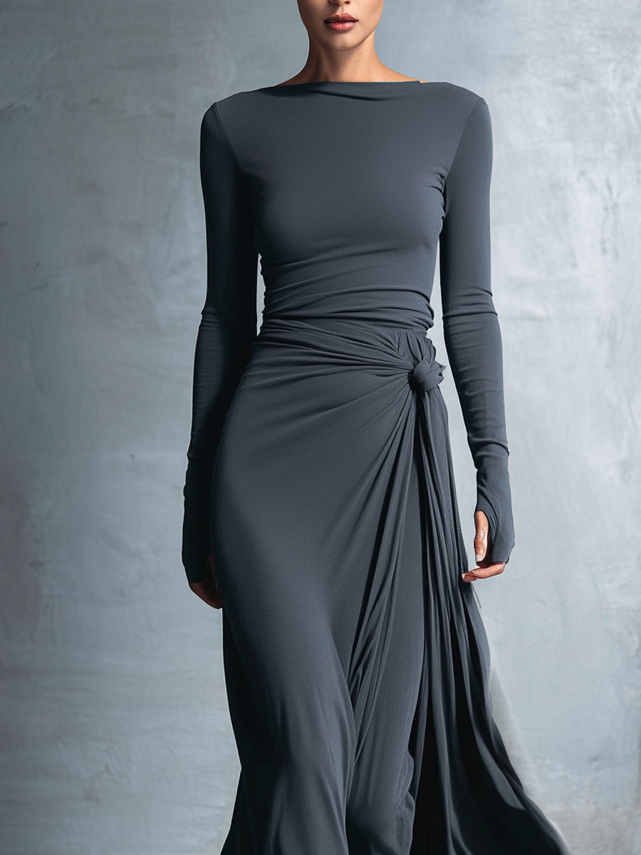 Damen Wickelkleid aus edlem Stretch-Mischgewebe in Grau – Maxikleid mit Knotendetail