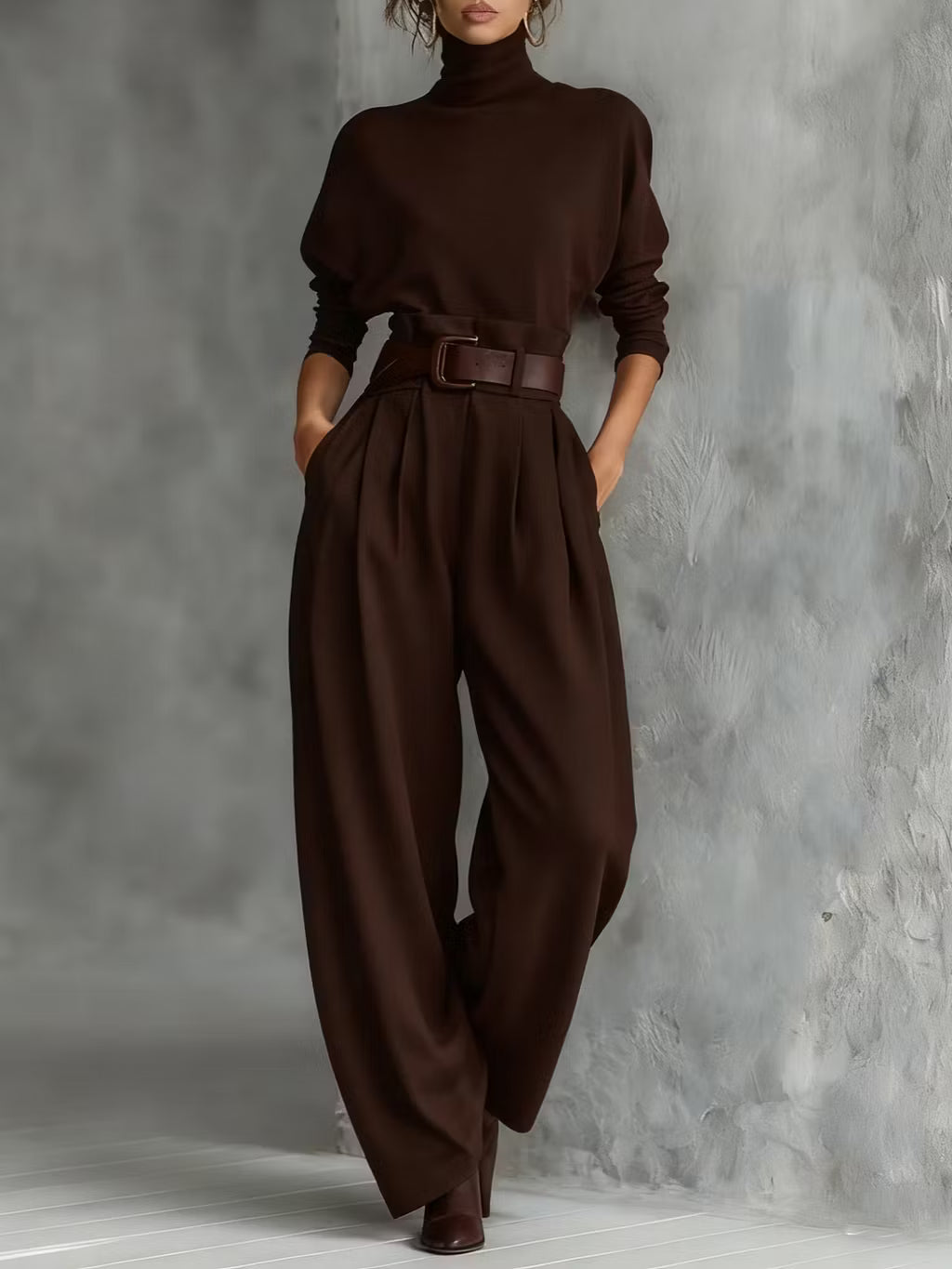 Zweiteiliges Set: Rollkragen-Langarmshirt und gerade geschnittene Hose mit Gürtel