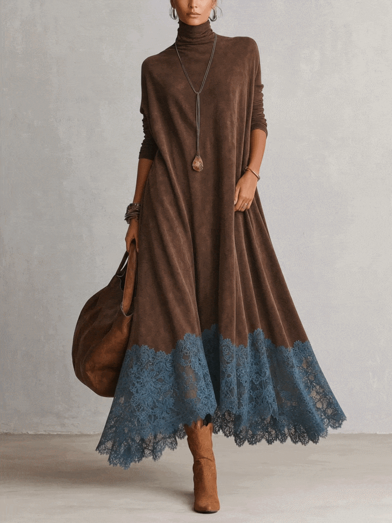 Braunes Maxikleid in Wildlederoptik mit langen Ärmeln und Spitzensaum im Vintage-Stil