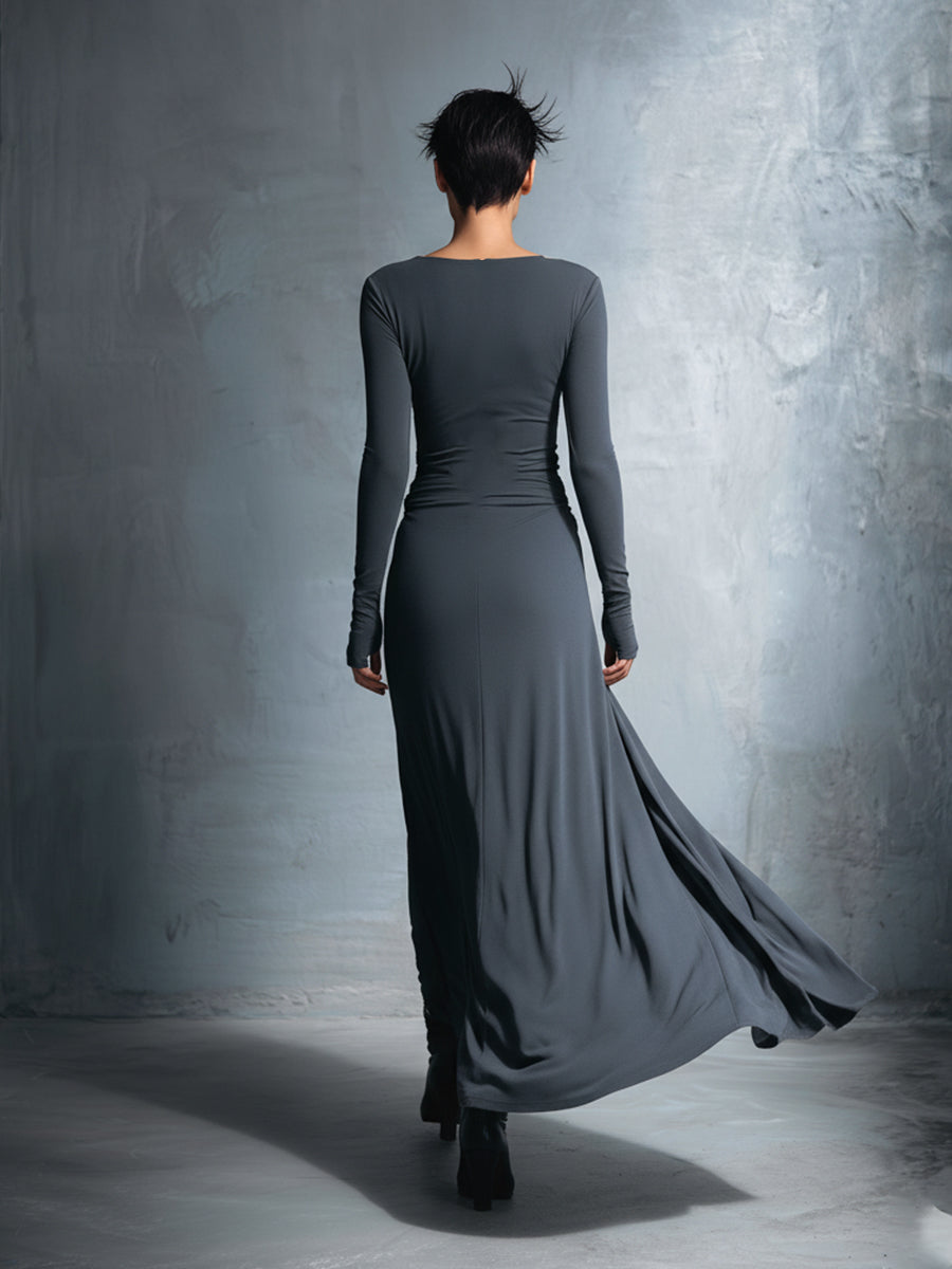 Damen Wickelkleid aus edlem Stretch-Mischgewebe in Grau – Maxikleid mit Knotendetail