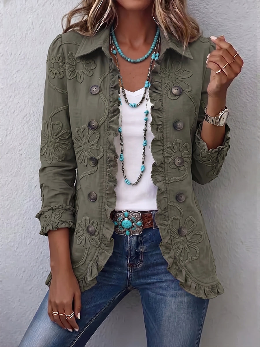 Kamberly™ | Jacke im Boho-Chic-Stil mit Blumenstickerei, praktischen Details und Rüschenbesatz