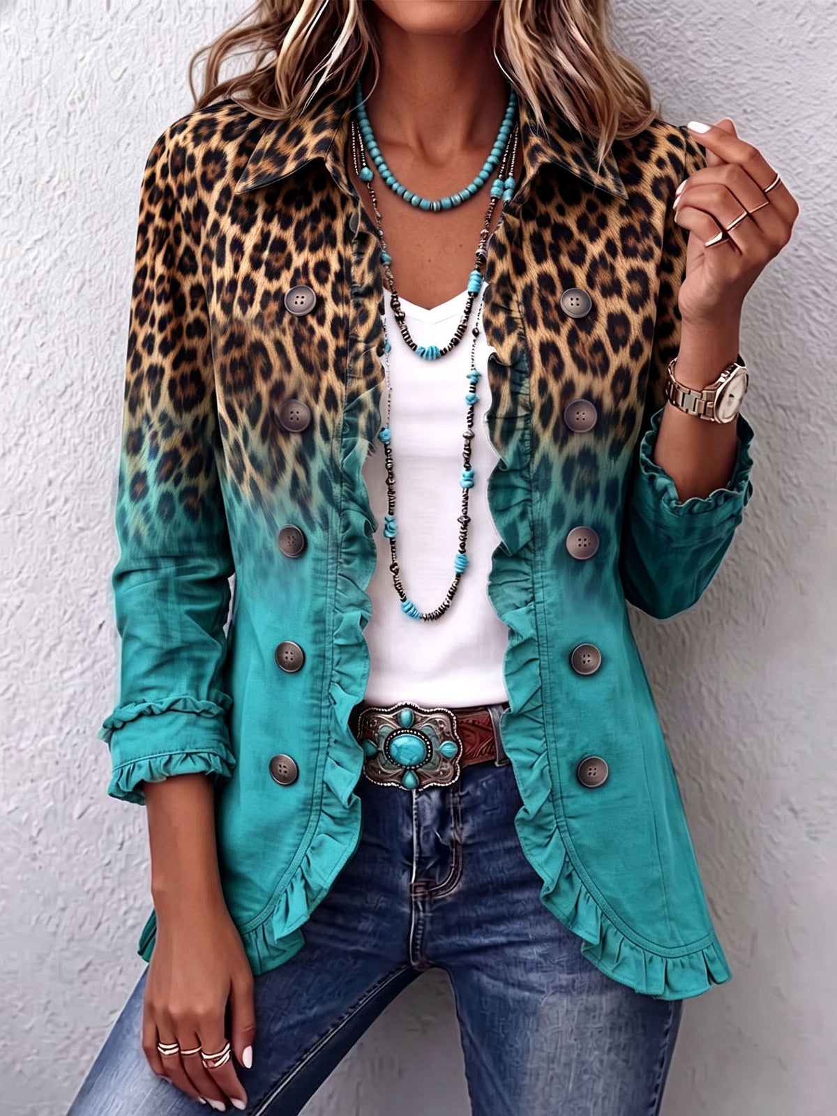 Elspeth™ | Blazer mit Rüschen im Leoparden-Ombré-Look