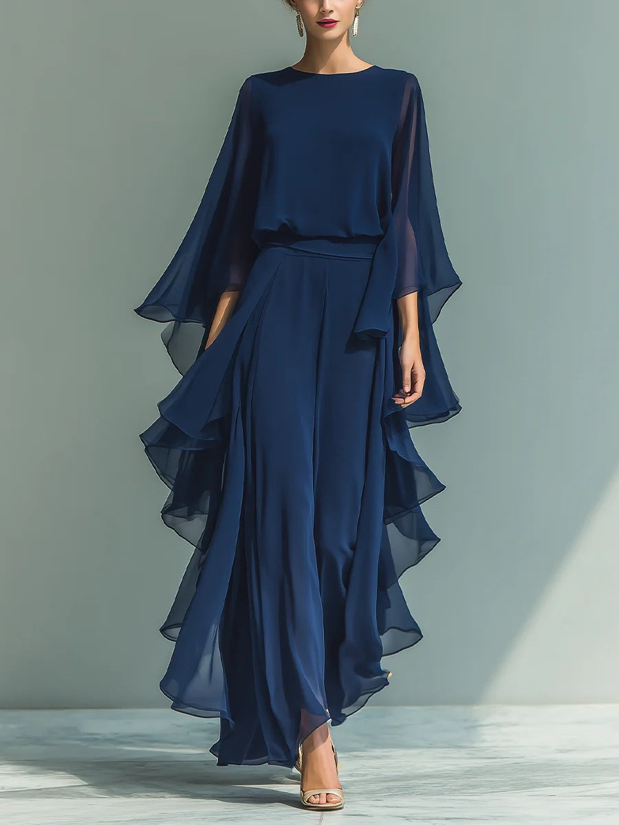 Clara - Marineblaues Chiffon-Set mit Glockenärmeln und gerade geschnittenen Hosen mit Rüschen