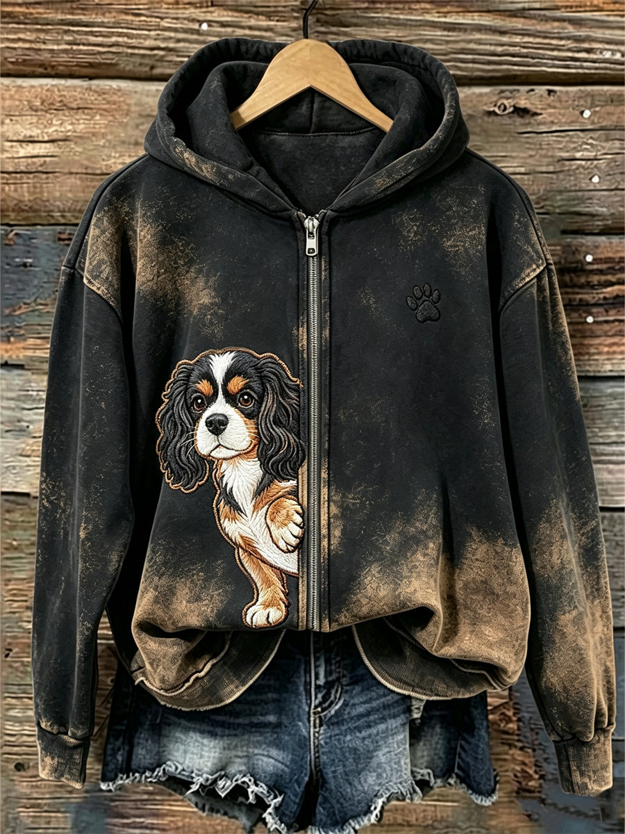 Damen Kapuzenjacke mit King-Charles-Spaniel- und Pfotenprint