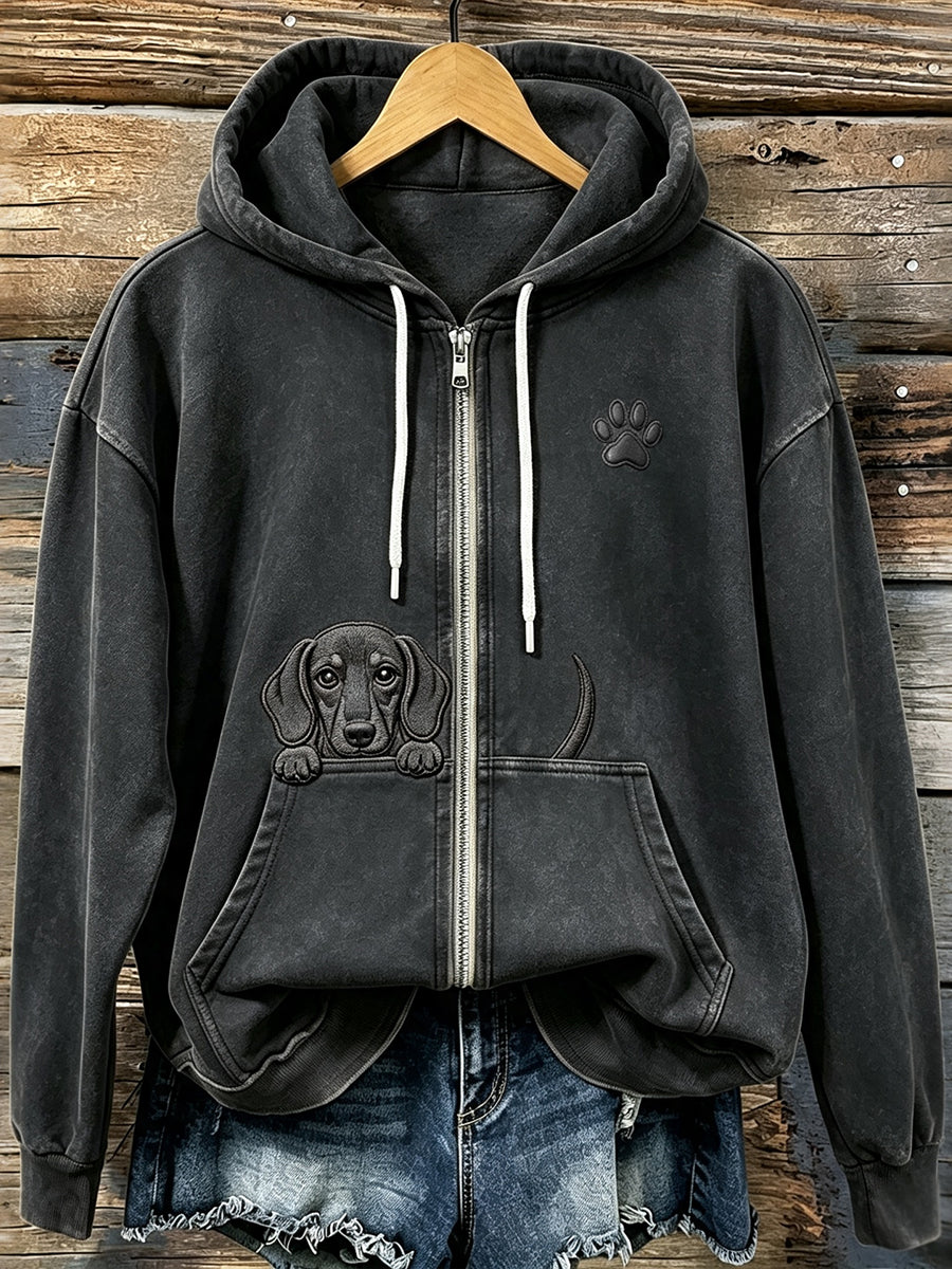 Damen Kapuzenjacke mit süßem Dackel- und Pfotenprint