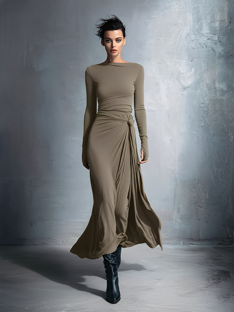 Damen Wickelkleid aus edlem Stretch-Mischgewebe in Grau – Maxikleid mit Knotendetail
